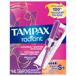 Tampax Radiant Tampons with LeakGuard Braid Super Plus Absorbency, Unscented, 14 Count