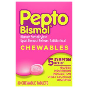 Pepto Bismol Chewable Tablets for Nausea Heartburn, Indigestion, Upset Stomach, and Diarrhea - 5 Symptom Fast Relief, Original Flavor, (30 ct)