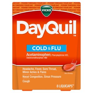 Vicks DayQuil Cold & Flu Medicine Non-Drowsy Powerful Multi-Symptom Daytime Relief for Headache, Fever, Sore Throat, Minor Aches and Pains, Nasal Congestion, Sinus Pressure and Cough, 8 Liquicaps