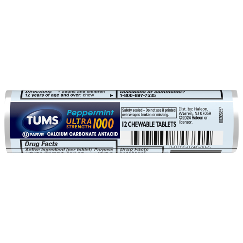 TUMS Chewable Antacid Tablets for Ultra Strength Heartburn Relief Peppermint - 12 Count Rolls