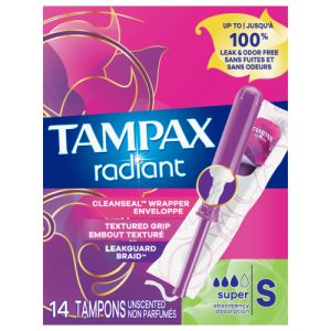 Tampax Radiant Tampons with LeakGuard Braid Super Absorbency, Unscented, 14 Count